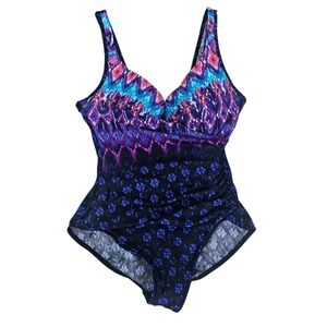 NWOT Miraclesuite‎ One Piece Swimsuit Purple Black Ikat Ruched Tummy Control